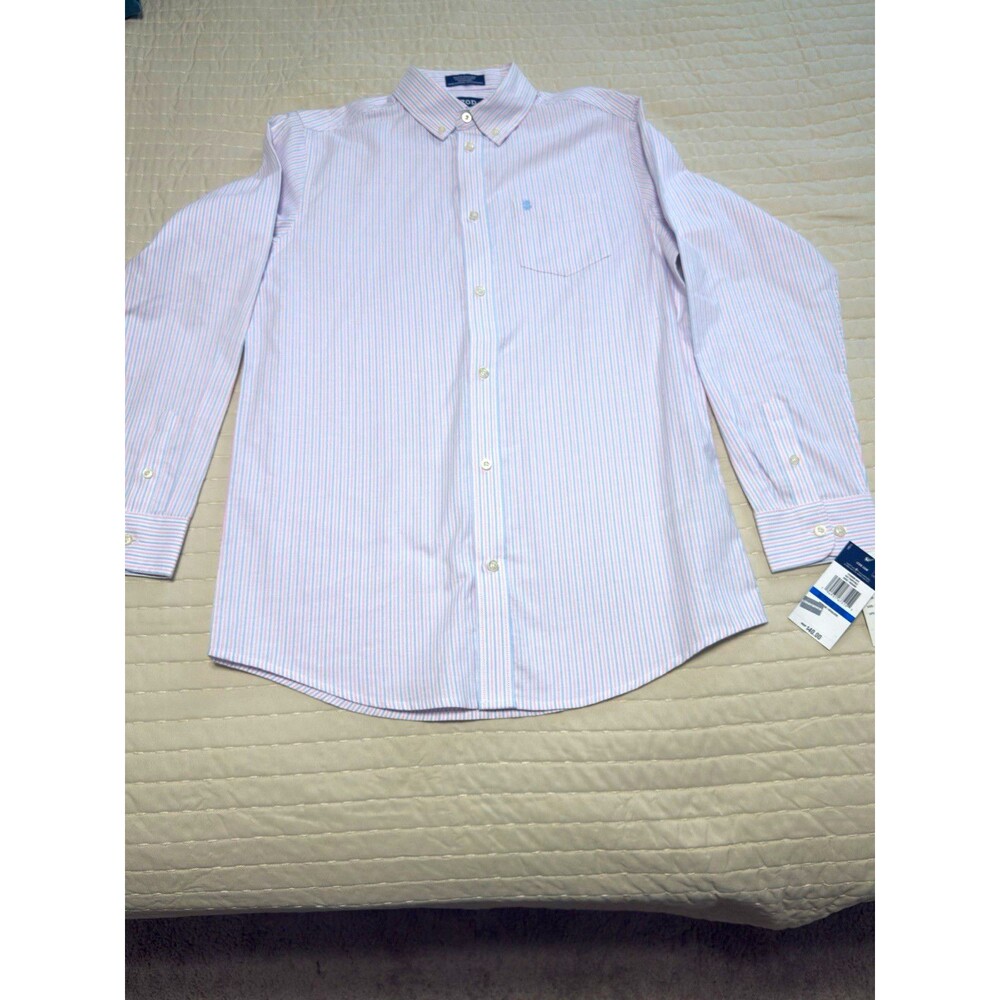 IZOD Men’s Dress Shirt XL 18/20 34/35 Pink Blue White Stripe Button-Down